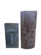 A Chinese part gilt lacquered inkstone with inscribed calligraphy, a bamboo wrist rest and carved