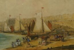 19th century, ‘Brighton Beach’, inscribed and indistinctly signed, dated 1885, watercolour, 26 x