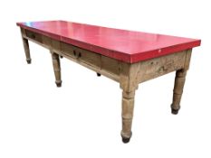 An early 19th century extremely large elm country house kitchen table, length 338cm, width 99cm,