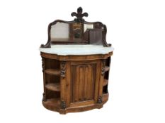 A Victorian marble topped rosewood mirror back side cabinet, width 124cm, depth 40cm, height 158cm