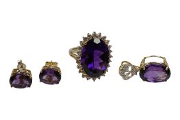 A recent 9ct gold, amethyst and simulated diamond set oval cluster ring, size O, a 9ct gold and
