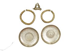 Two Chinese coin type dishes, diameter(s) 10cm, two bronze bangles and a group of mice. (5)