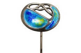 An Edwardian Art Nouveau silver and enamel hat pin, by Charles Horner, Chester, 1908, 19cm.