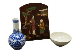 A small Chinese white glazed bowl, a soapstone inlaid bookend and a blue and white bottle vase,