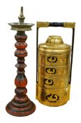 A Burmese gilt and black lacquer four-tiered tiffin box or food carrier, together with a red and