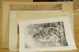 A portfolio of various unframed 19th century and later etchings, engravings etc to include