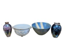 Two Atkinson studio pottery lustre vases, larger 16cm, a studio pottery colander, diameter 19cm, and