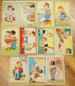 Viola, humorous children, a set of eleven original watercolours and cut card for postcard designs,