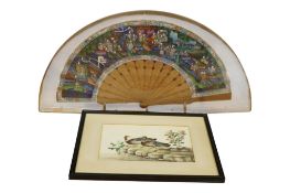 19th century Chinese export carved sandalwood and painted leaf fan and a Chinese pith paper painting