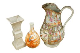A Chinese Canton famille rose export wash jug, height 33cm, a Gu shaped crackleglaze vase and a