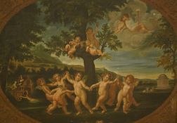 A tapestry picture depicting cherubs in an Italianate landscape, framed, overall 87 x 119cm