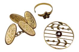 A 9ct. Edwardian brooch a/f, pair of 9ct gold cufflinks and a Victorian almondine garnet pansy ring,