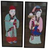 Two early 20th century appliqué work pictures of immortals, framed, 65cm high