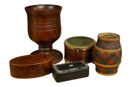 A French circular gilt metal mounted rosewood trinket box, diameter 8cm, a Georgian inlaid oval