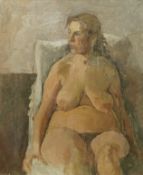 Julie Wood (nee Guyatt), portrait of a seated nude woman, unsigned, label verso, oil on canvas,