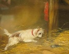 J. Langlois (1855-1904), terrier ratting, signed, oil on board, 13.5 x 18cm