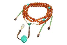A Chinese court style beaded necklace with turquoise style drop