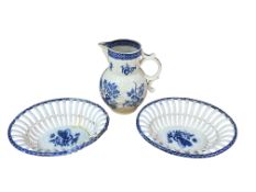 A Worcester porcelain first period jug, height 21cm and a pair of pearlware lattice baskets (3) a/f