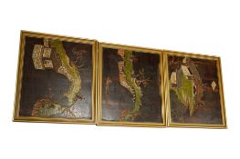 Three Chinese rectangular painted lacquer panels depicting figures in river and pavilion landscapes,