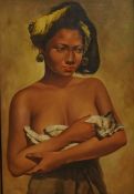 Hasim (1921-1982), portrait of a Balinese woman holding a cat, signed, oil on canvas, 71 x 47cm