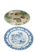 A Chinese famille verte dish, diameter 37cm and a smaller Chinese blue and white rabbit dish, Kangxi