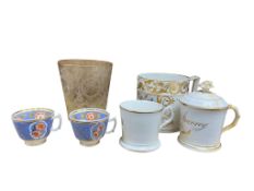 A Derby fruit painted tankard, along with two pieces of dated Victorian porcelain, two early 19th
