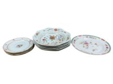 A set of five 18th / 19th century Chinese famille rose export porcelain octagonal plates, along with