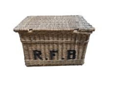 A large vintage wicker laundry hamper, width 90cm, depth 60cm, height 58cm