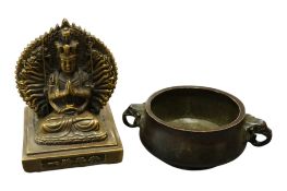 A Chinese small bronze figure of multi-arm Buddha and a bronze censer, qui, largest 10cm high
