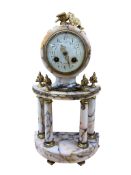 A 19th century French bronze and veined marble mantel clock, striking on a bell, with pendulum, 39cm