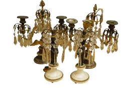 Two pairs of 19th century bronze, gilt, and cut-glass table lustre candlesticks, tallest 37cm. (4)