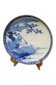 A Chinese blue and white porcelain charger decorated with a crane beneath a flowering prunus,