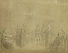 19th century, figures in an interior, unsigned, pencil heightened with white, 37 x 48cm
