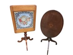 A Victorian tapestry top table, width 48cm, depth 62cm, height 73cm and an oval inlaid tripod table,