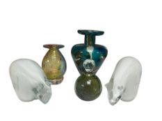 Three Mdina decorative glass vases, signed to the bases, tallest 15cm, together with a pair of glass
