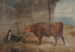 William Elstob Marshall (fl.1859-1880), Highland cow and Collie in a barn, signed, watercolour, 32 x
