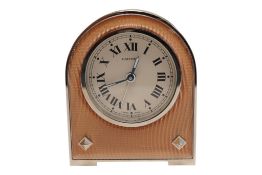 A boxed Cartier stainless steel and enamel desk clock, 123063GD, with booklets and case, 8cm high