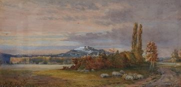 Lennox Browne (1841-1902), landscape with sheep before a hill fort, signed and dated 1878(?),