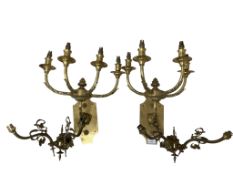 A pair of Victorian style cast brass four branch wall lights, height 46cm and a pair of smaller cast