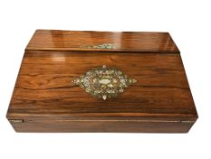 A Victorian abalone and cut brass inlaid rosewood writing slope, width 35cm.