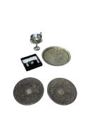 A mixed group of metalware comprising a Middle Eastern engraved brass tray, 40cm diameter a pair