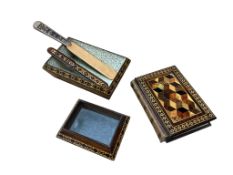 Five pieces of Tunbridge ware: comprising a desk weight, tumbling block photograph album, two