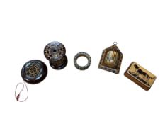 Five pieces of Tunbridge ware comprising a spaniel decorated snuff box, yoyo, go-to-bed match holder