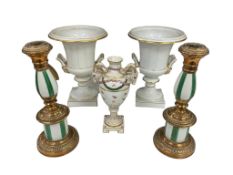 A German porcelain ram's head vase, height 22cm, a pair of Portuguese campana urns and a pair of