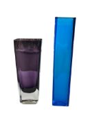 Two contemporary coloured glass vases, of rectangular form, in blue and purple, tallest 45cm high (