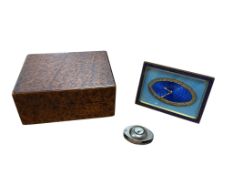 A French Art Deco guilloche enamel timepiece, a miniature compass and a decorative burr wood box,