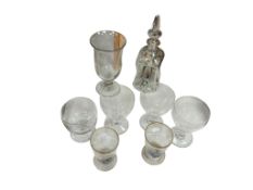 A late 19th century Continental enamelled glass decanter, height 29cm, a Victorian celery vase, four