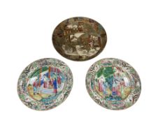 A late 19th century French Empire style ormolu three piece garniture, timepiece with oval inkstand