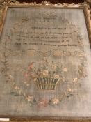 A 19th century needlework sampler by Eliza Watherston, aged 11 years. Worked with a religious