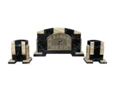 An Art Deco marble and alabaster clock garniture, the dial inscribed Ucra, with key, 44cm wide